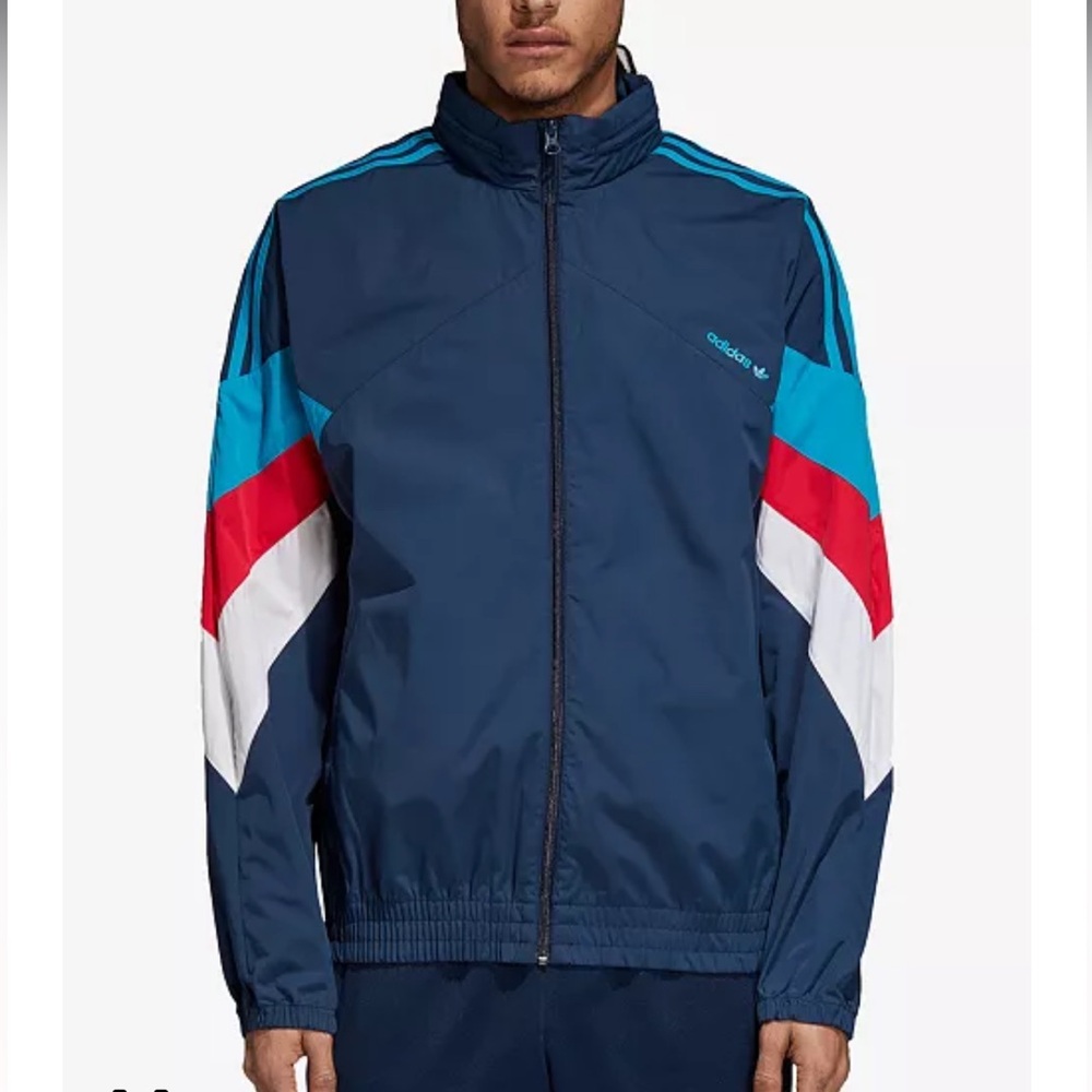 Adidas Men's Windbreaker Athletic Jacket Retro Chevron Stripes Blue Red Medium